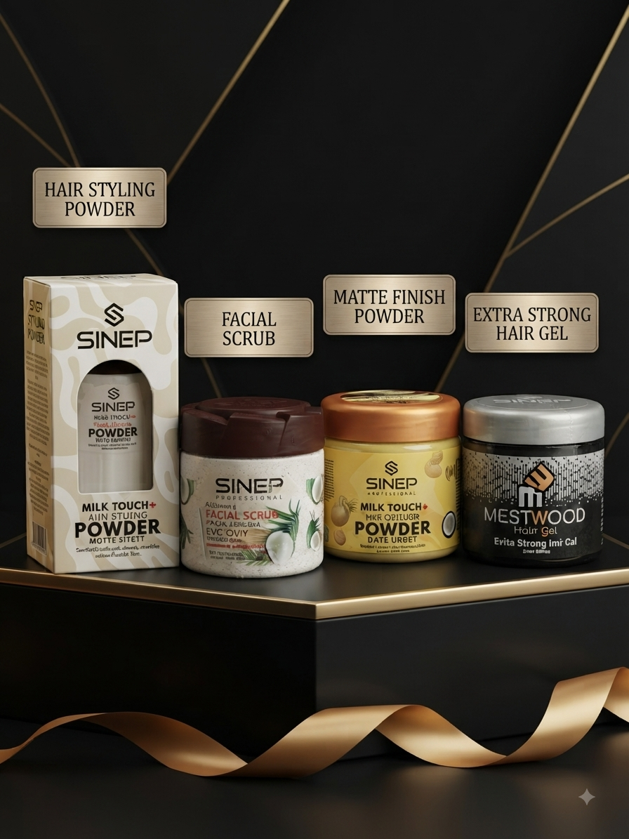 The Complete Grooming Kit lineup: hair styling powder, facial scrub, matte finish powder and extra strong hair gel
